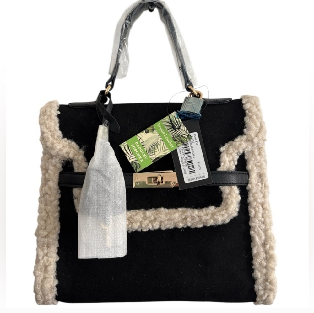 BADGLEY MISCHKA Black w/ Cream Fur Trim Lock & Key Bag